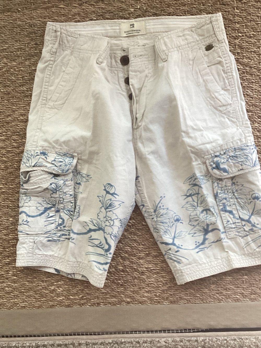 Scotch & Soda White Cargo Shorts with Blue Floral Print